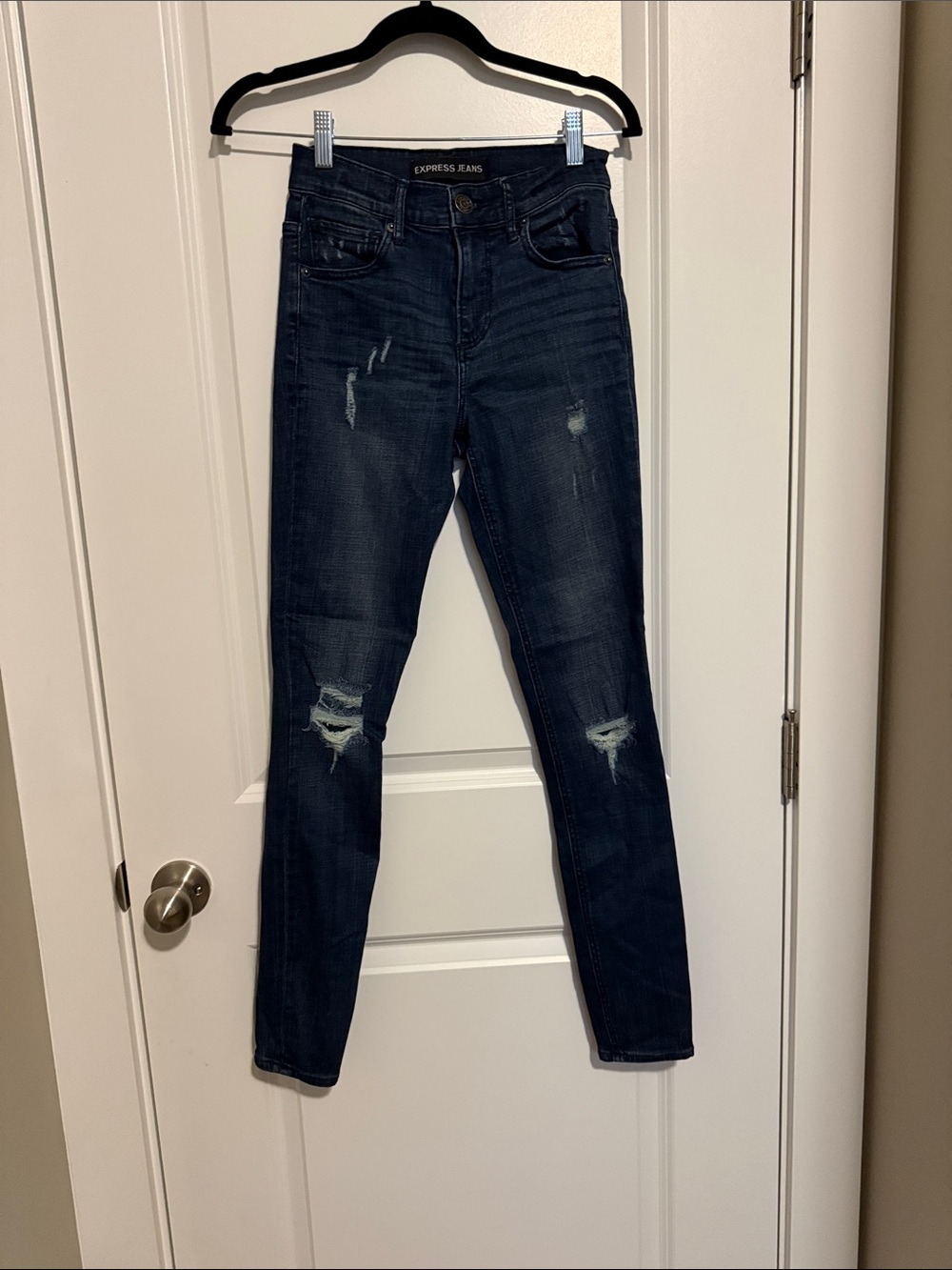 Express Women’s Dark Blue Distressed Skinny Jeans
